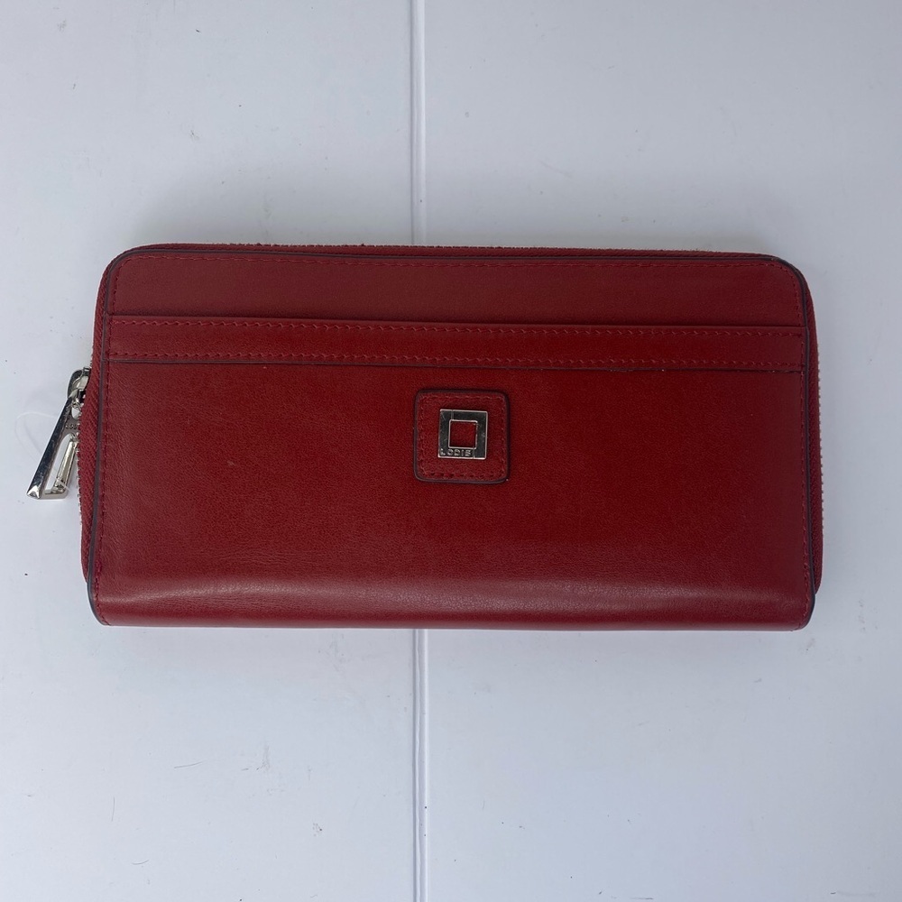Lodis RFID Protection Red-Trim Taupe Leather Zip Wallet
